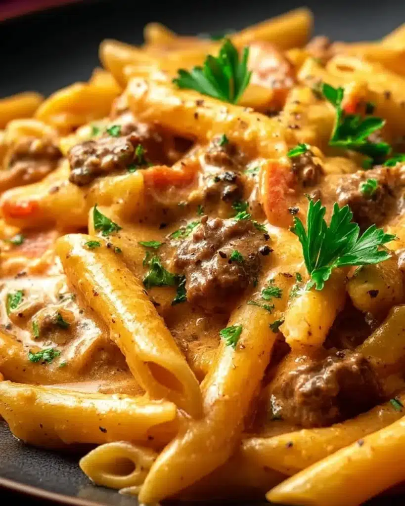 Creamy beef pasta dish with rich sauce and fresh herbs