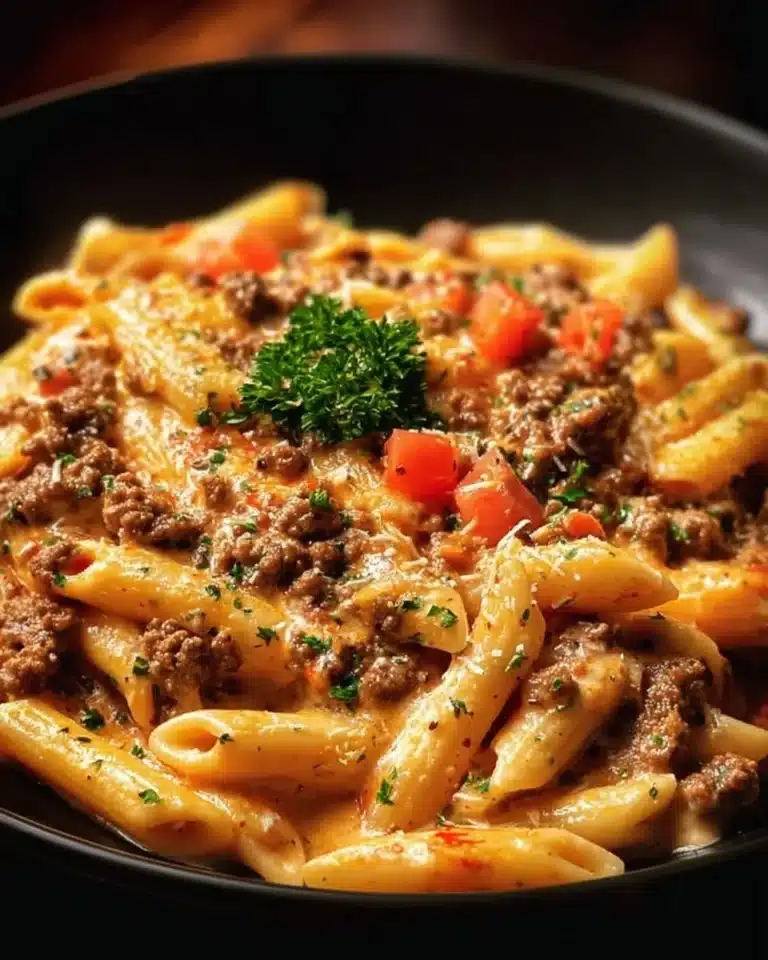 Creamy Beef Pasta 2 Creamy beef pasta served in a rustic bowl garnished with herbs