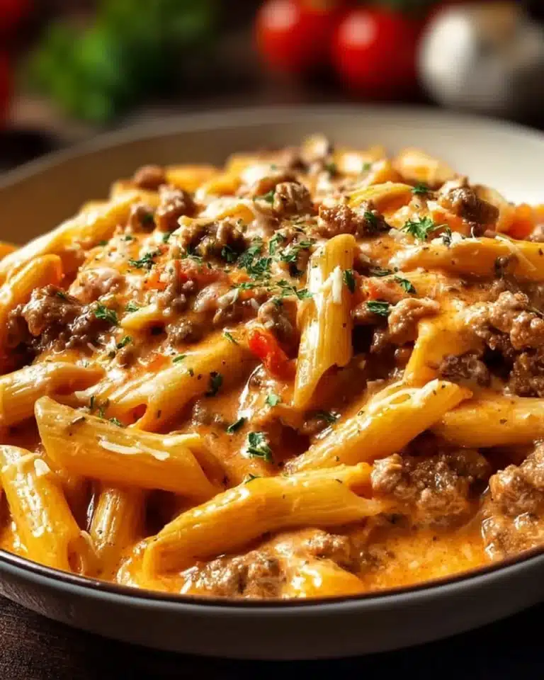 Creamy Beef Pasta 2 Creamy beef pasta dish served in a bowl with fresh herbs