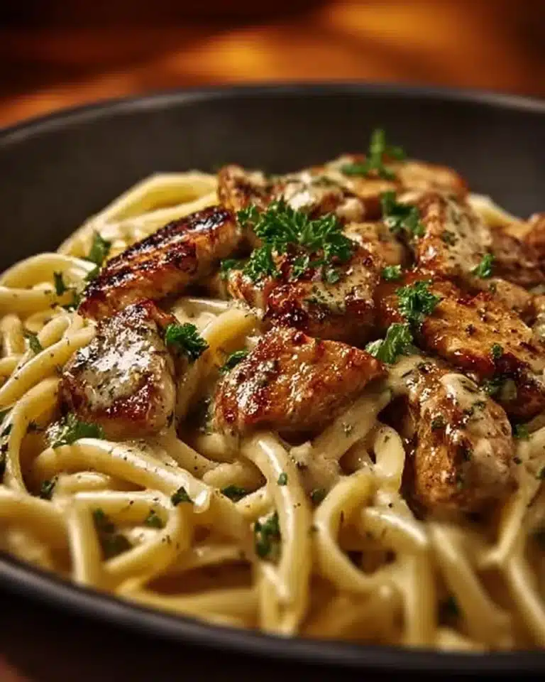 Plate of creamy Cajun chicken pasta with spices, vegetables, and herbs