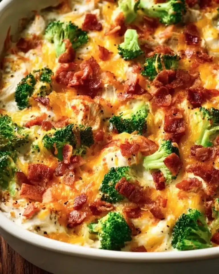 Creamy low carb chicken casserole topped with melted cheese and herbs