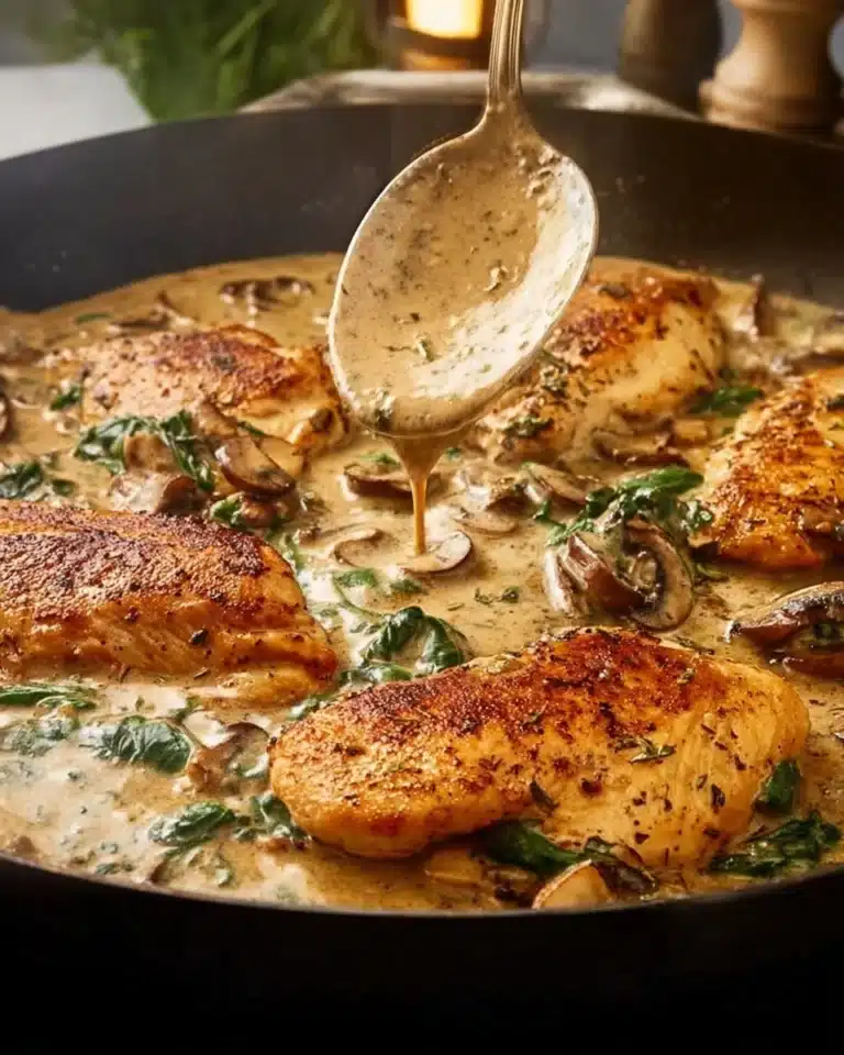 Creamy mushroom chicken served on a plate garnished with herbs