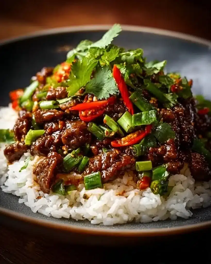 Delicious Crispy Chilli Beef served over fluffy rice