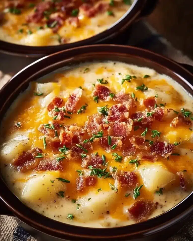 Crock Pot Crack Potato Soup 2 Crock Pot Crack Potato Soup in a bowl, garnished with chives.