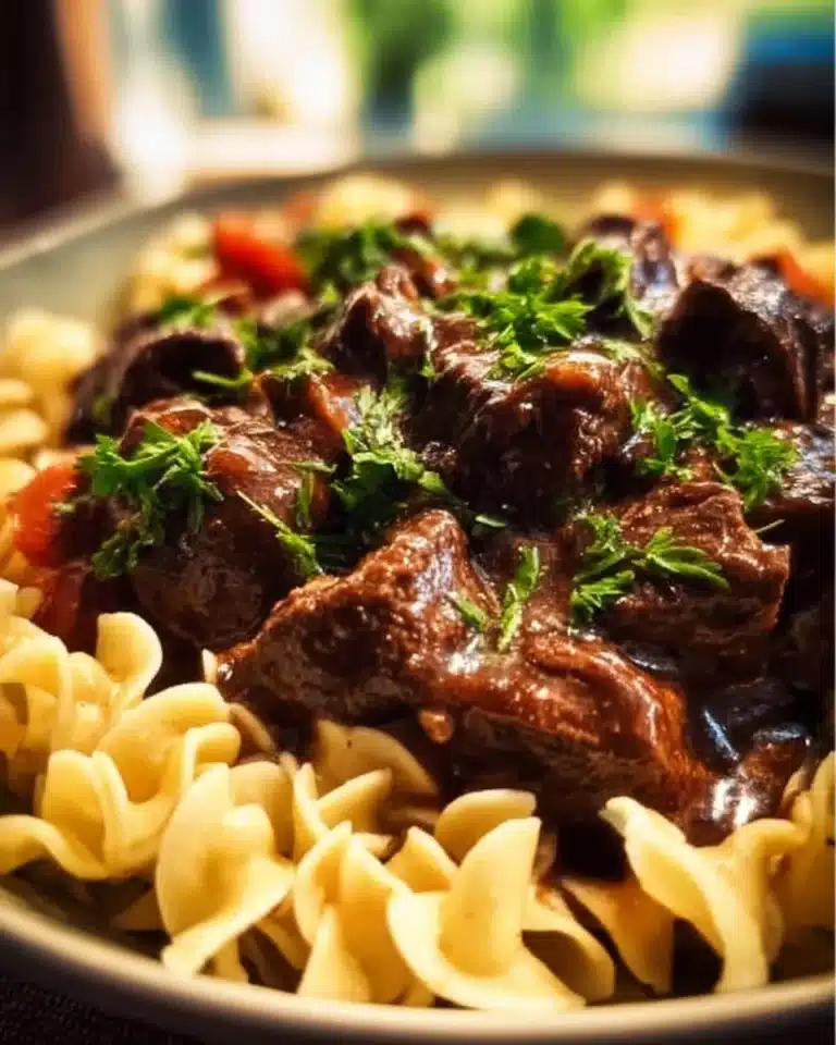 Crockpot beef tips served with noodles in a delicious gravy