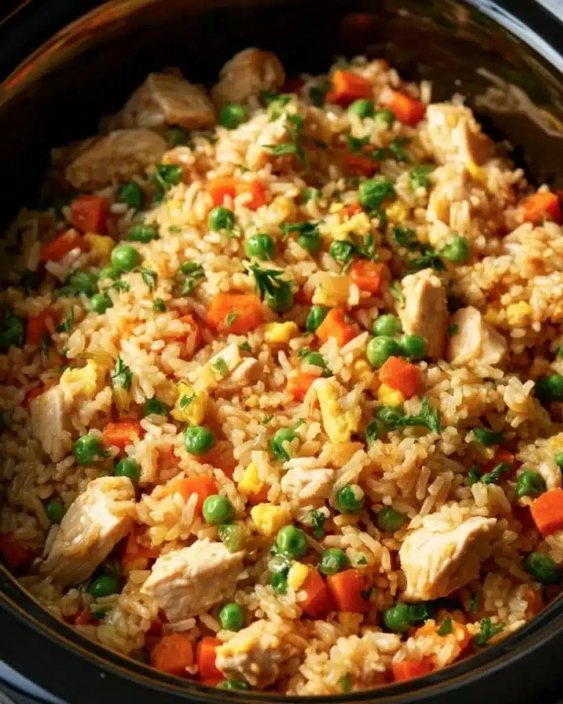 Crockpot Chicken Fried Rice served in a bowl with vegetables and chicken pieces