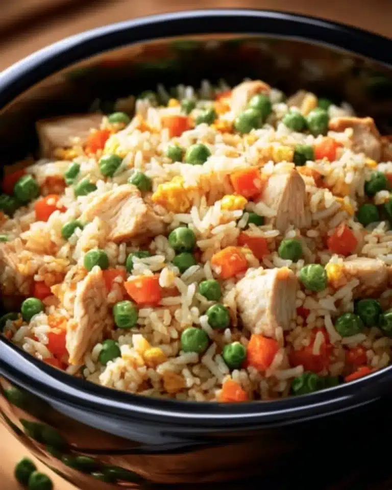 Crockpot Chicken Fried Rice 2 Crockpot Chicken Fried Rice served in a bowl with vegetables and chicken