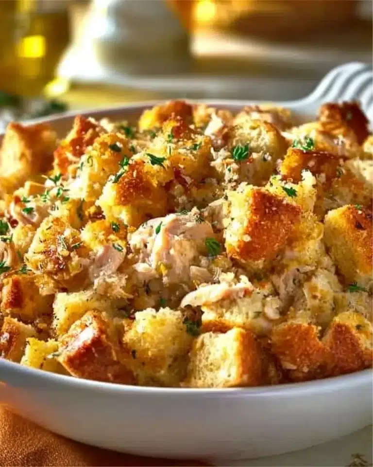 Dolly's Chicken and Stuffing Casserole served in a baking dish