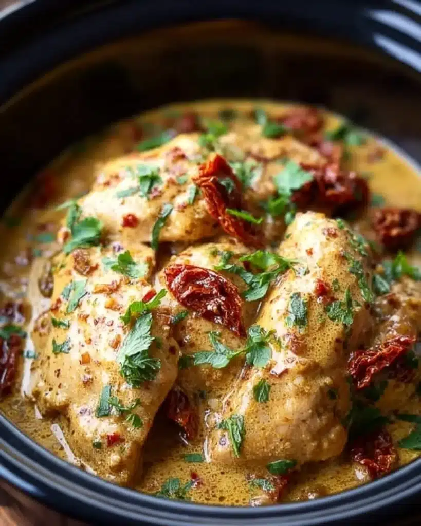 Crockpot Marry Me Chicken in a bowl, featuring creamy sauce and herbs