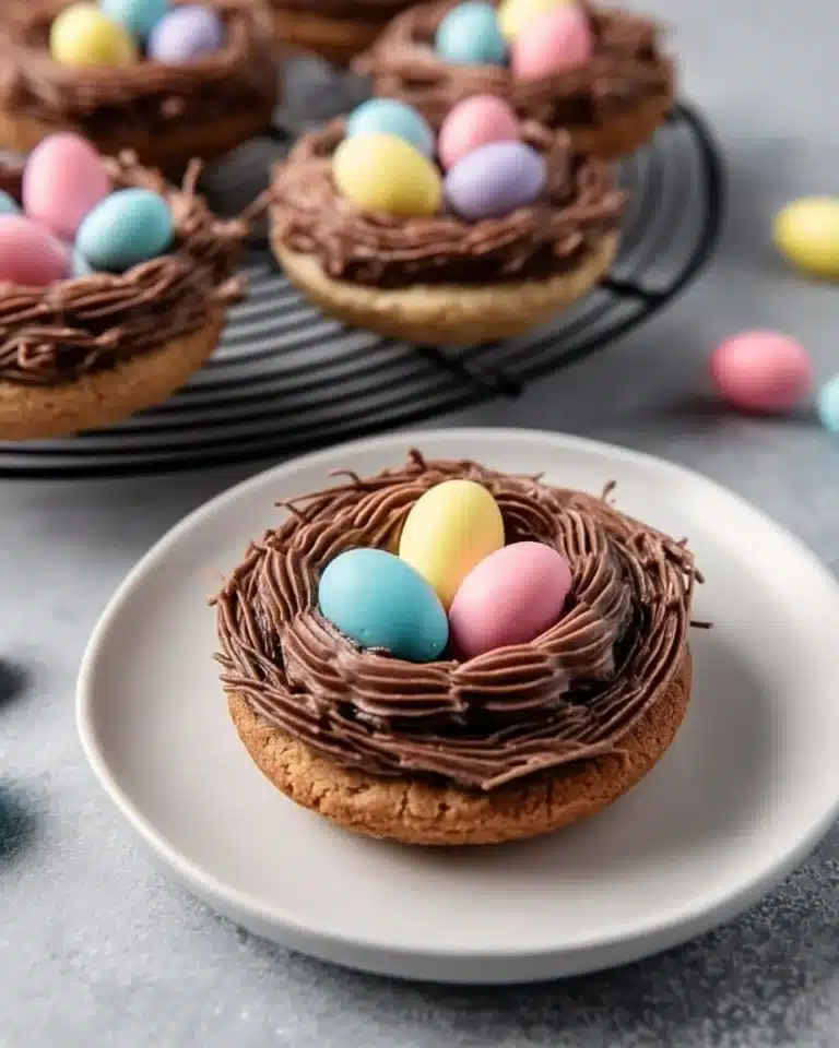 Easter Birds Nest Cookies decorated with candy eggs on a plate