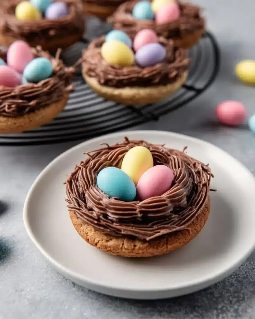 Easter Birds Nest Cookies decorated with candy eggs on a plate