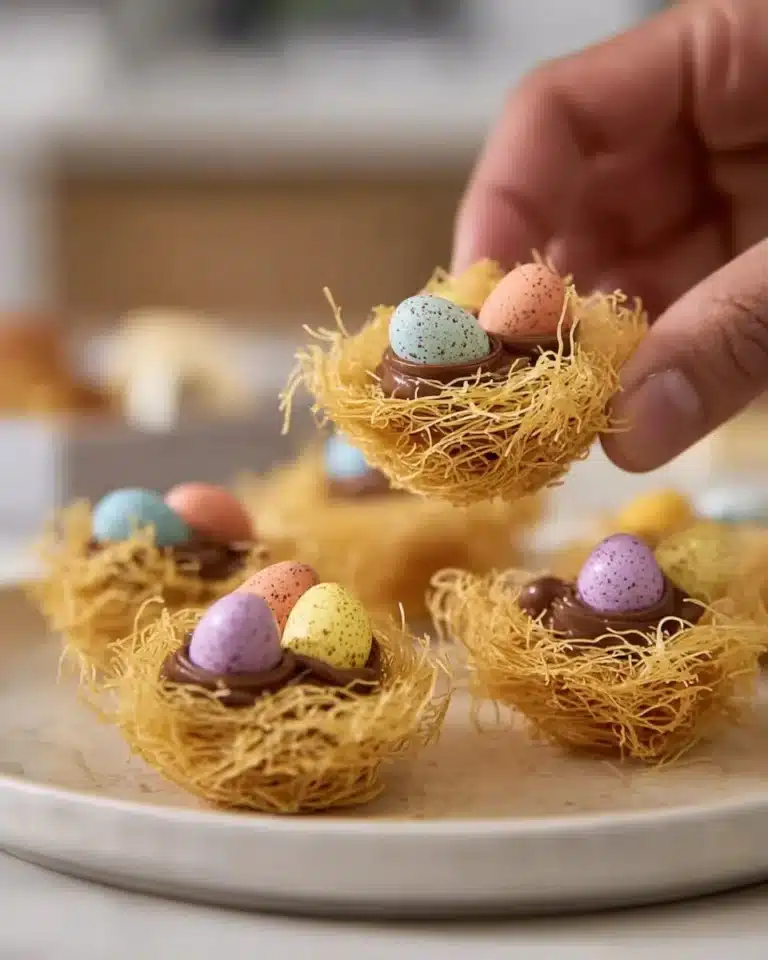 Easter Egg Nest Tarts featuring chocolate, coconut, and colorful candy eggs.