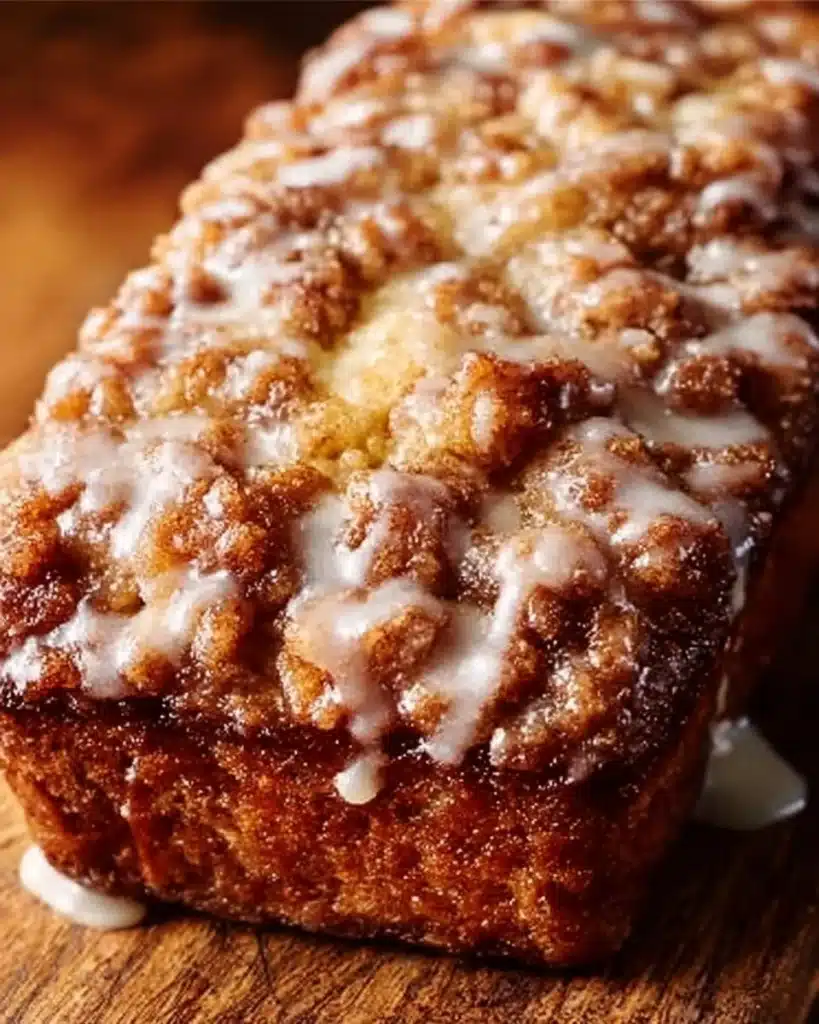 Loaf of easy Amish apple fritter bread, drizzled with icing and garnished with apples.