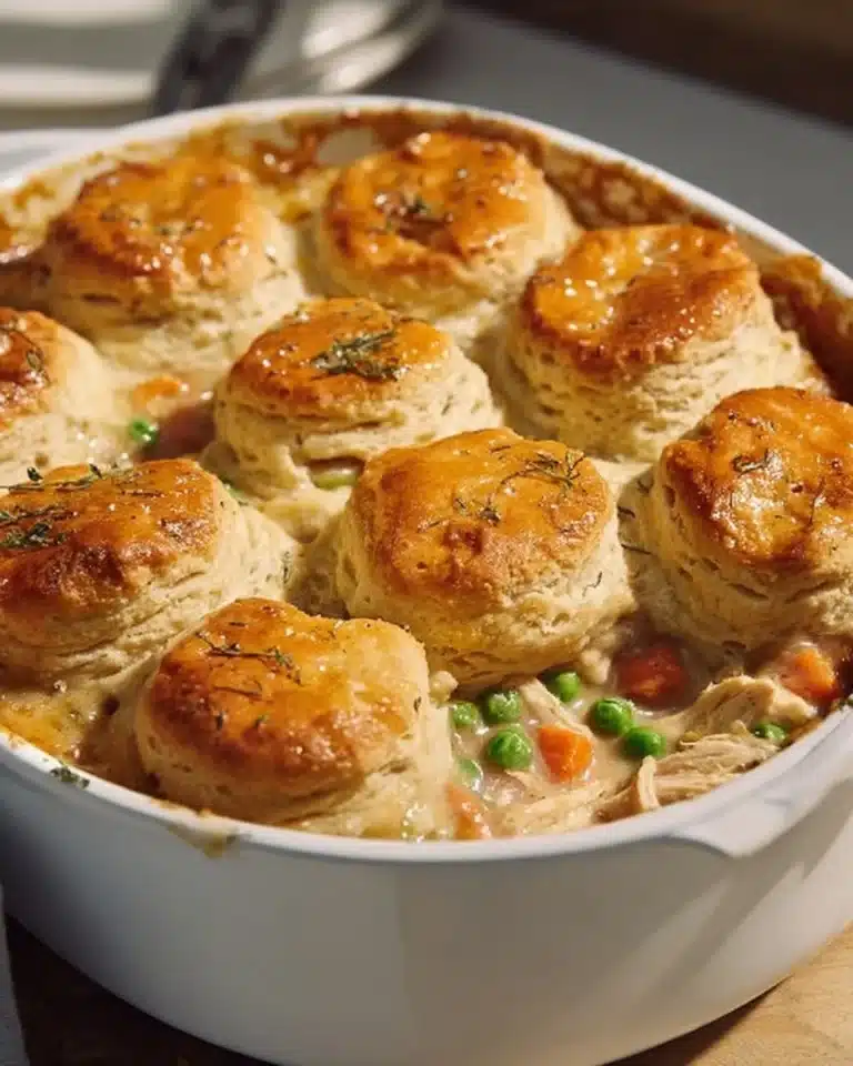Delicious homemade chicken pot pie casserole served in a baking dish