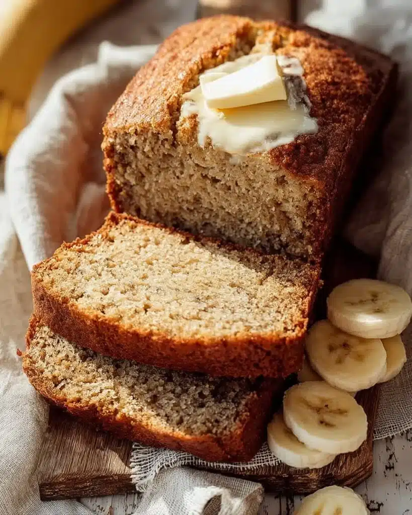 Deliciously moist banana bread sliced and ready to enjoy