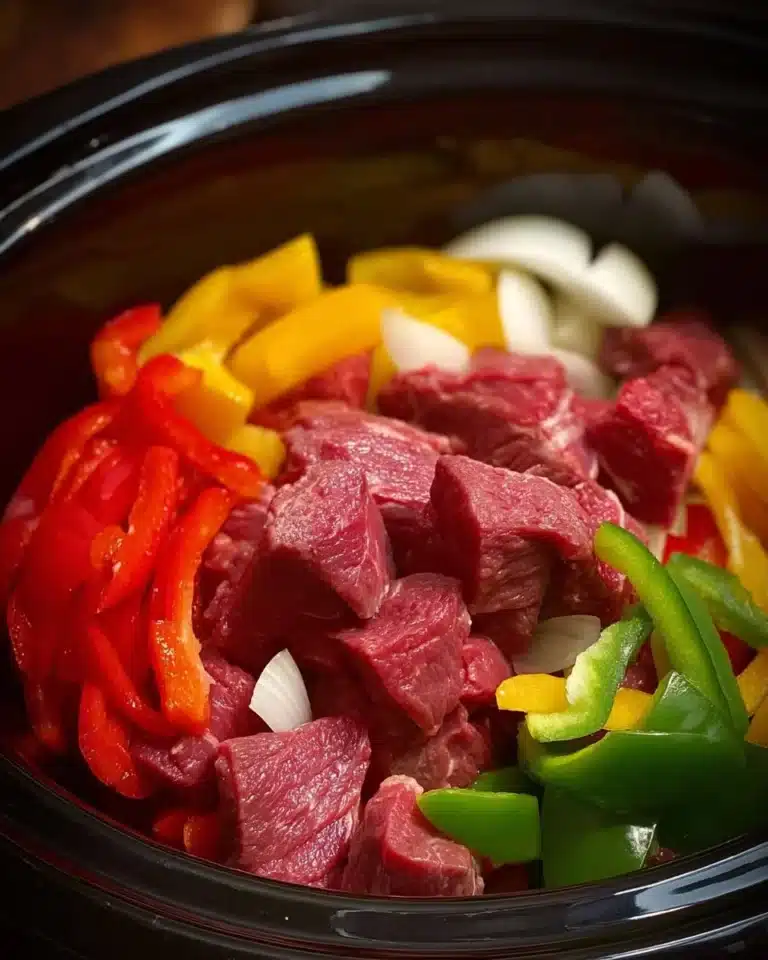 A delicious plate of easy slow cooker pepper steak served with vegetables.