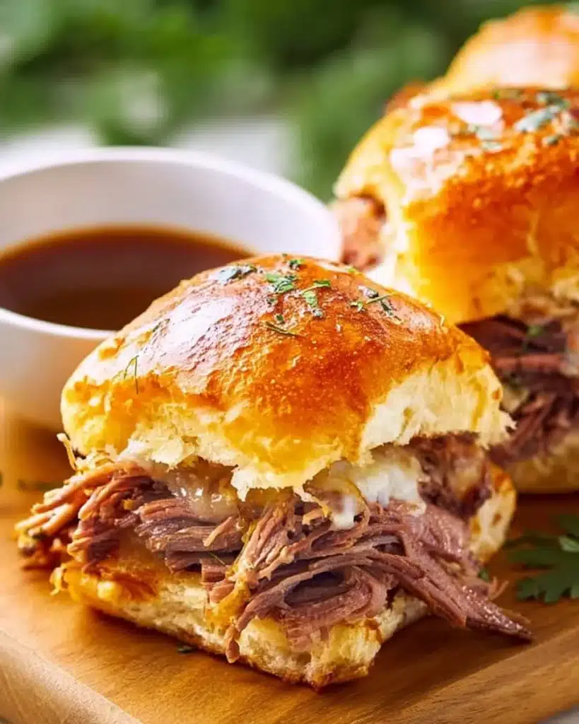 French dip sliders with juicy beef served with dipping broth