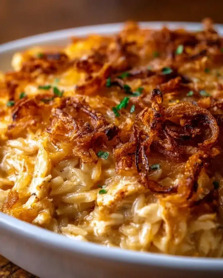 Delicious French Onion Chicken Orzo Casserole served in a baking dish