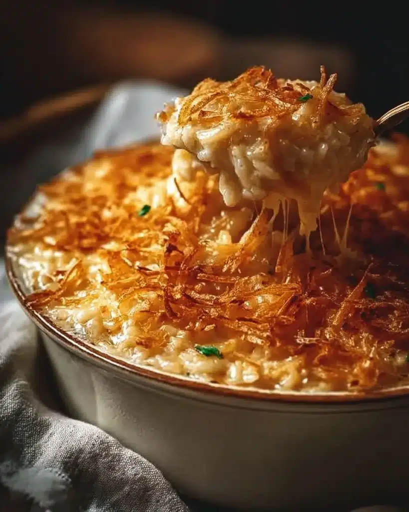 French Onion Chicken Rice Bake topped with melted cheese and caramelized onions.