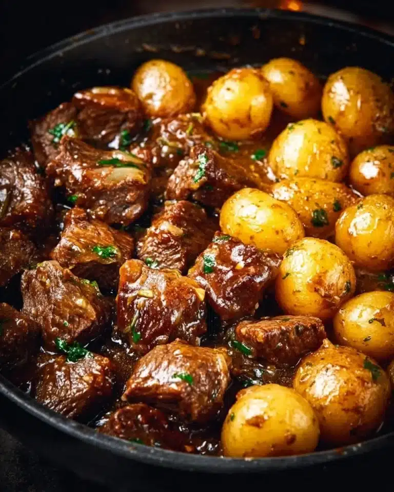 Garlic Butter Beef Bites with Potatoes 2 Garlic Butter Beef Bites served with tender potatoes in a savory sauce.