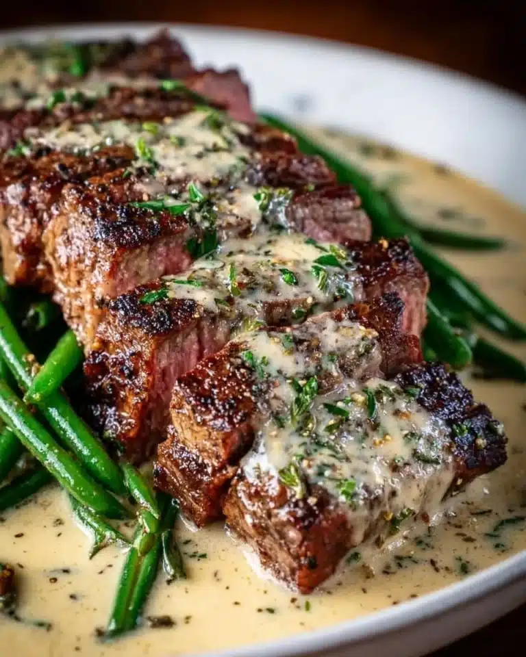 Delicious Garlic Butter Steak topped with creamy Parmesan sauce on a plate