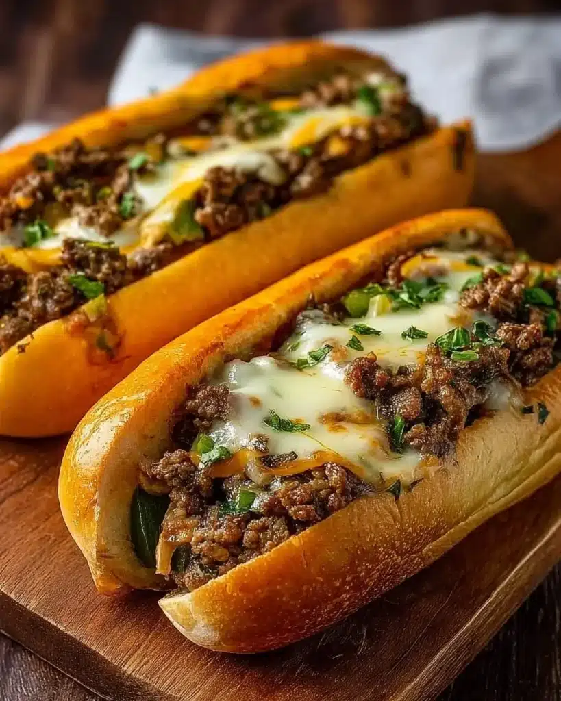 Delicious homemade Ground Beef Philly Cheesesteaks with melted cheese and peppers