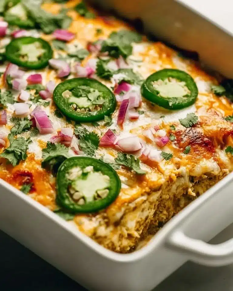 Healthy salsa verde chicken casserole served in a baking dish