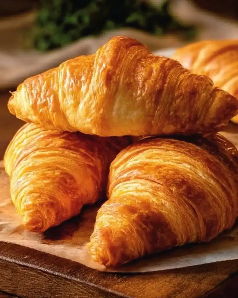 Freshly baked homemade croissants on a rustic wooden table