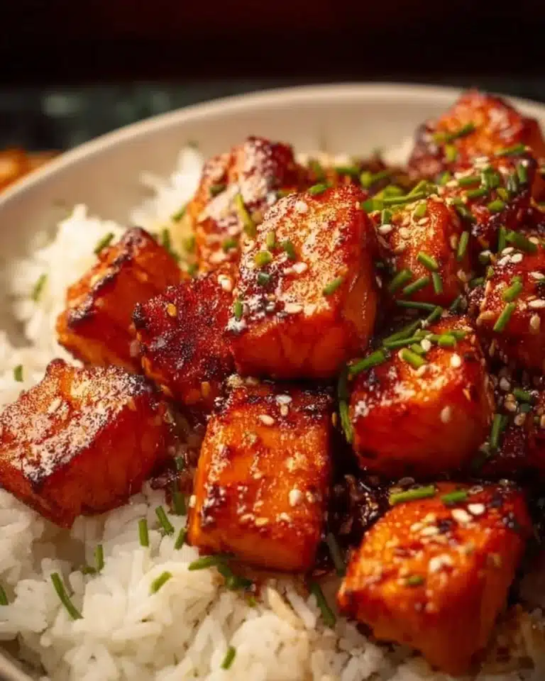 Honey garlic salmon bites served on a plate garnished with herbs.