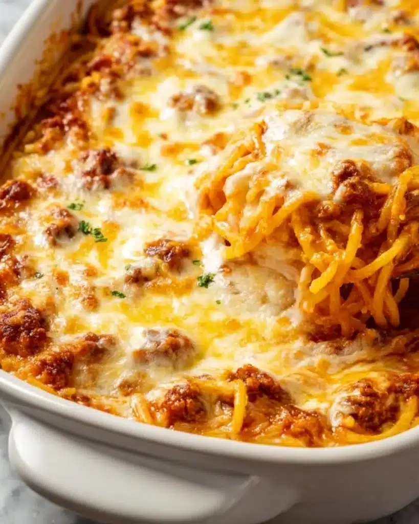 Baked Million Dollar Spaghetti with cheese and meat sauce in a serving dish