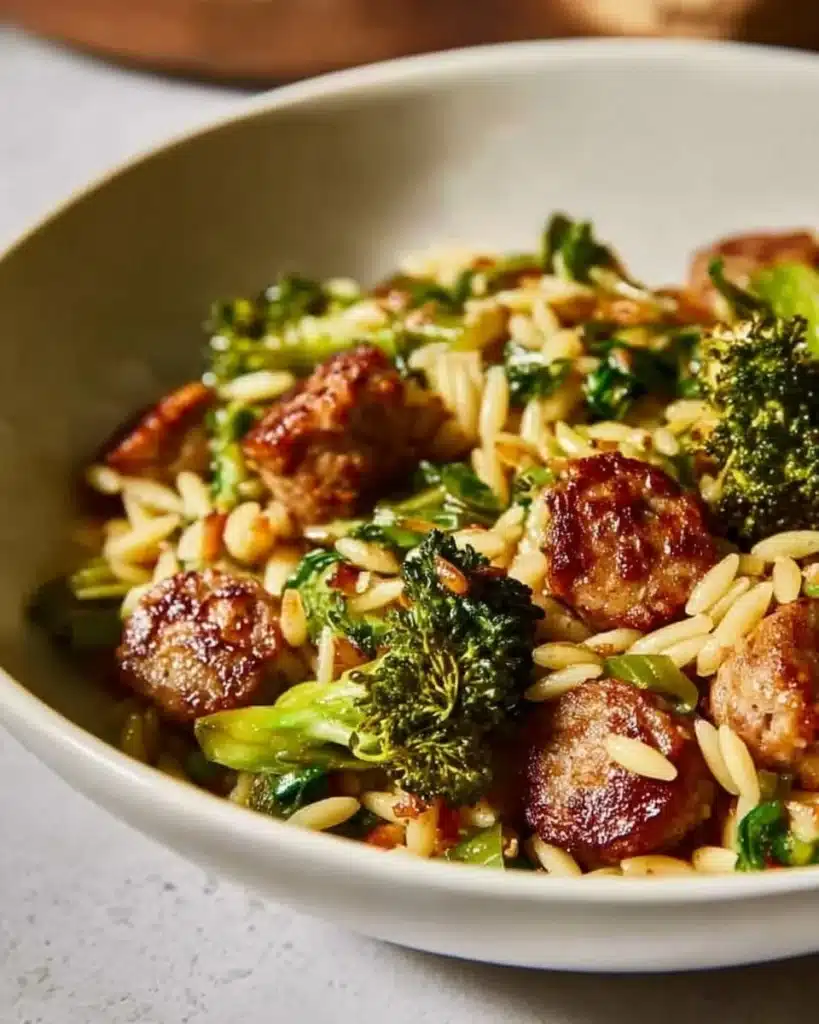 One-Pan Chicken Sausage Orzo dish with vibrant vegetables and spices