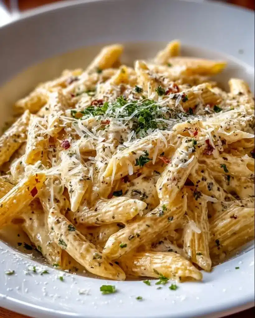 One pot creamy garlic pasta dish with herbs and cheese