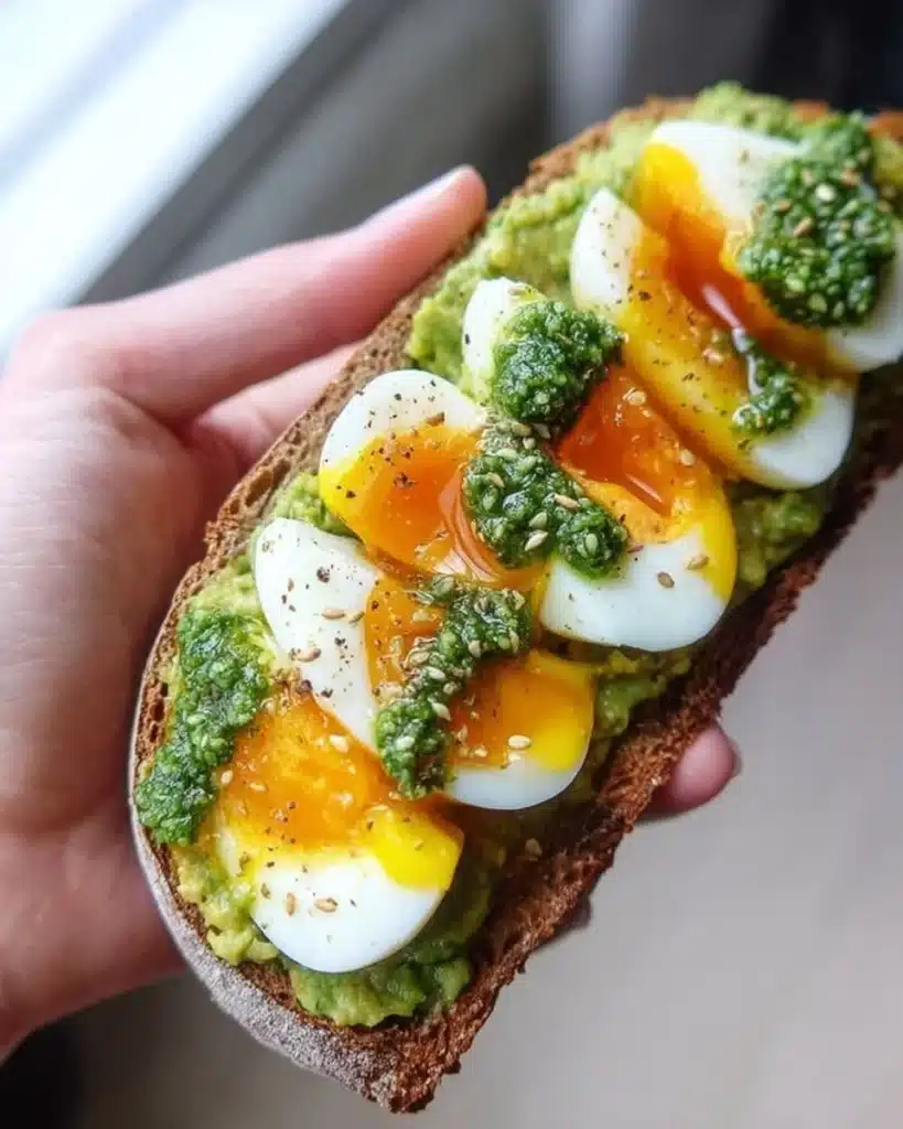 Pesto avocado toast with eggs on a rustic plate, garnished with herbs.