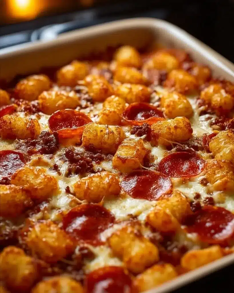 Delicious Pizza Tot Casserole topped with cheese and pepperoni served in a dish