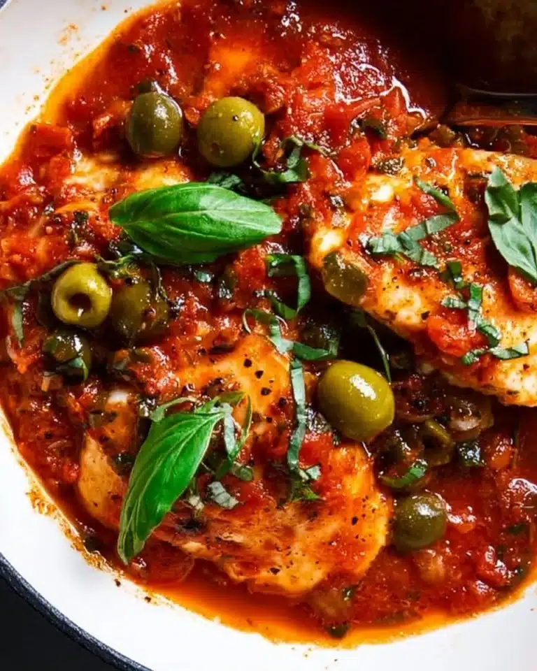 Plate of Puttanesca White Fish garnished with herbs and olives