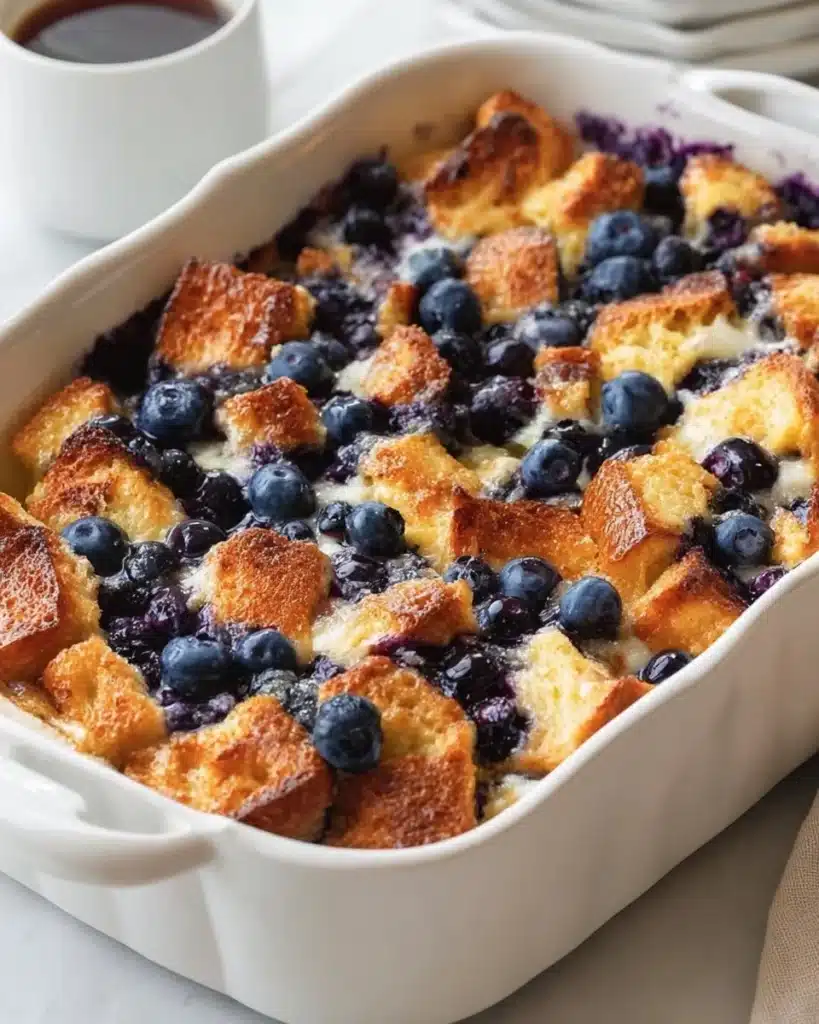 Quick Blueberry French Toast Casserole baked in a dish with fresh blueberries on top