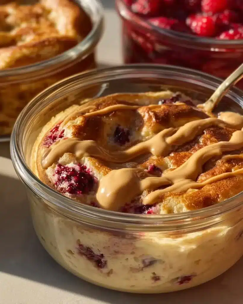 Fluffy baked protein pancake bowls served in a colorful dish with toppings.