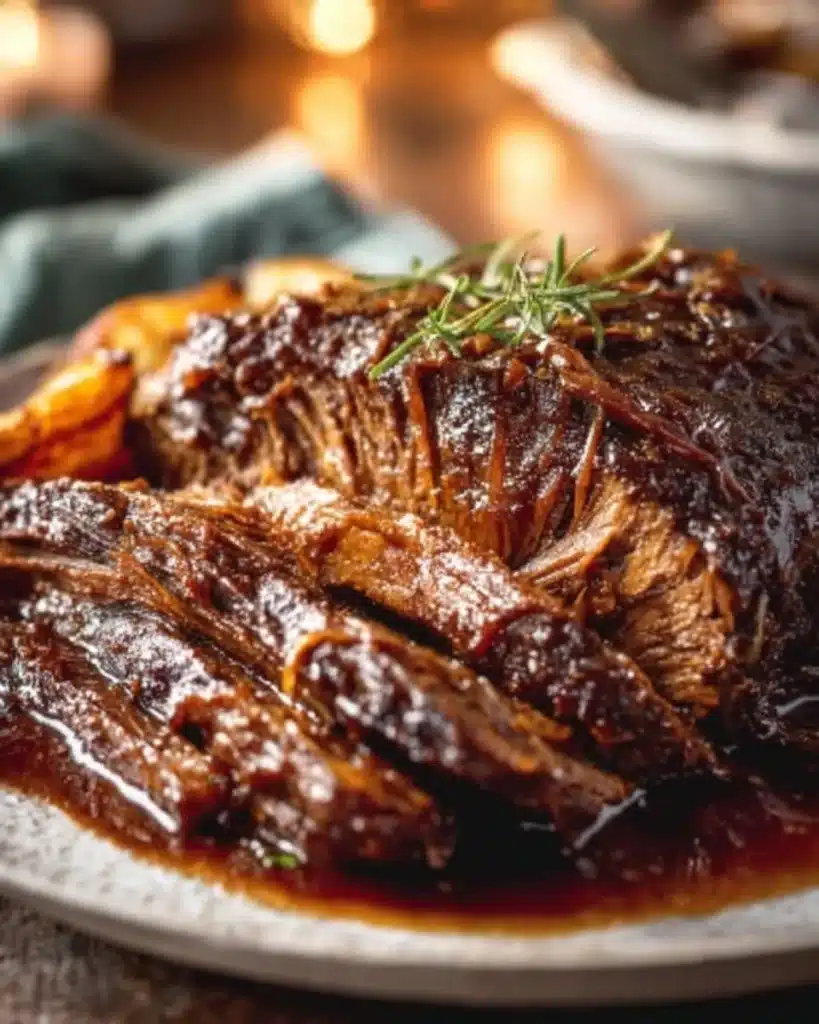 Slow cooked beef brisket served with rich gravy and herbs