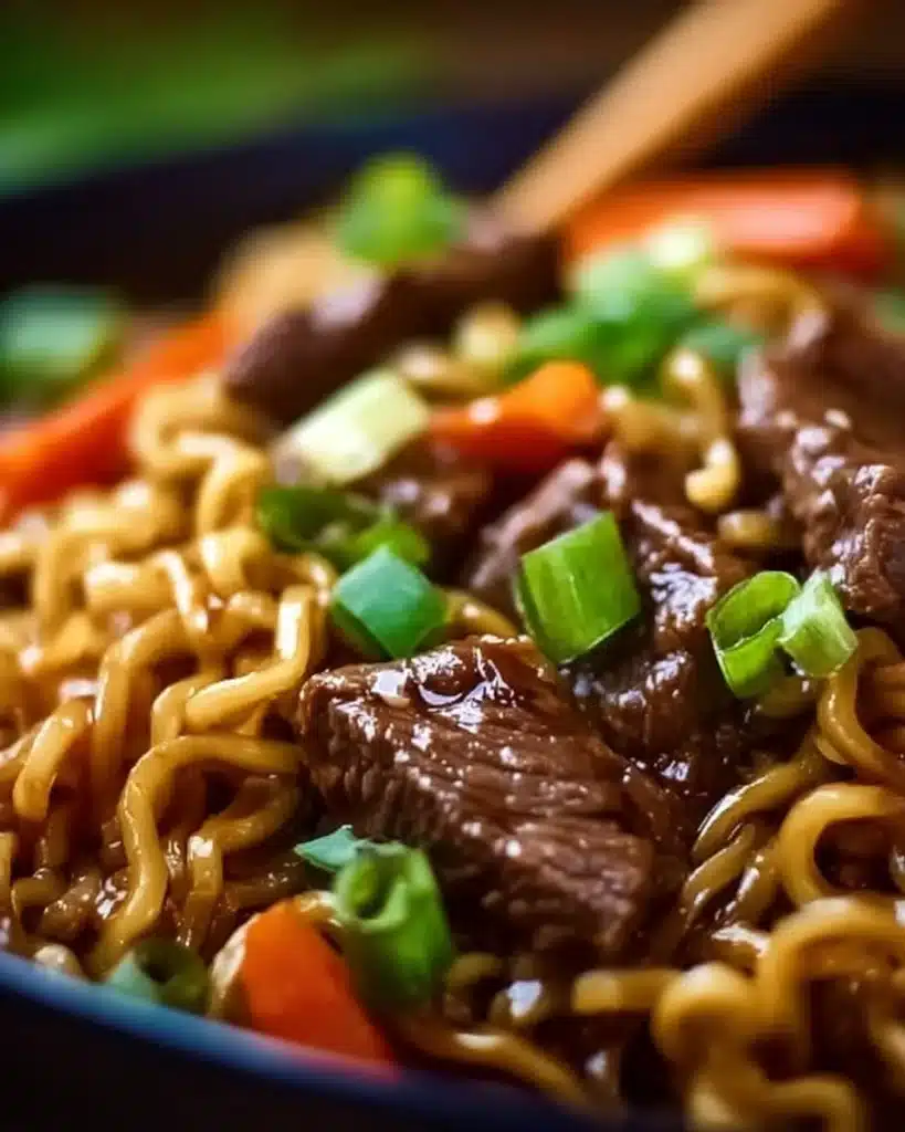 Delicious slow cooker beef ramen noodles in a bowl with garnishes