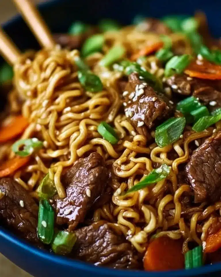 Slow cooker beef ramen noodles with rich broth and fresh toppings