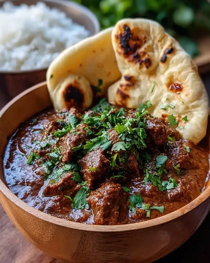 Slow cooker Indian beef curry in a bowl with rice and herbs