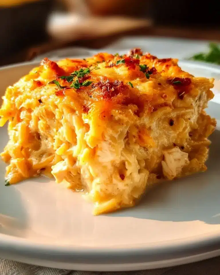 Baked spicy Southern cheesy chicken spaghetti casserole in a serving dish.