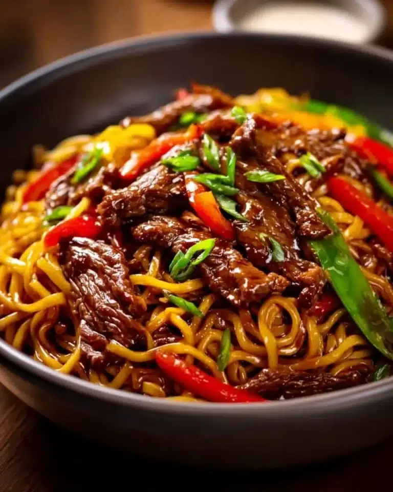 Delicious sticky beef noodles served in a bowl with fresh vegetables