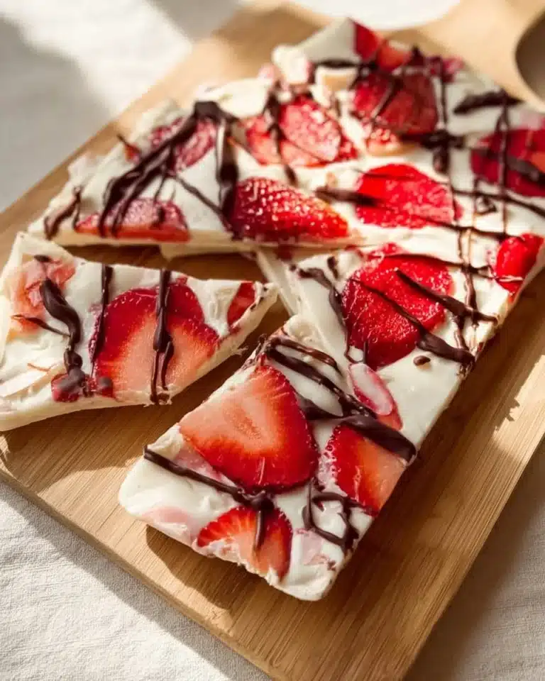 Strawberry yogurt bark topped with fresh strawberries and nuts