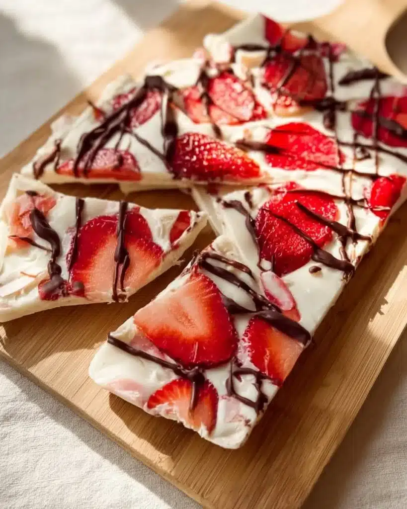 Strawberry yogurt bark topped with fresh strawberries and nuts