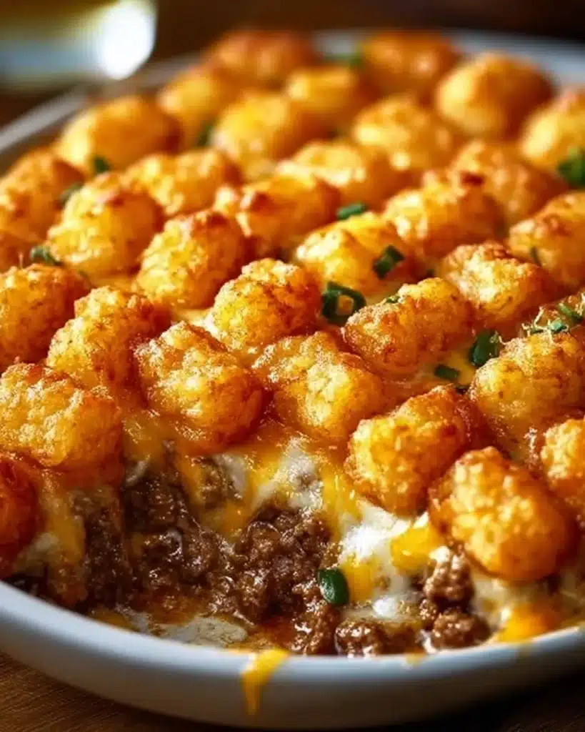 Tater Tot Casserole with Ground Beef topped with melted cheese