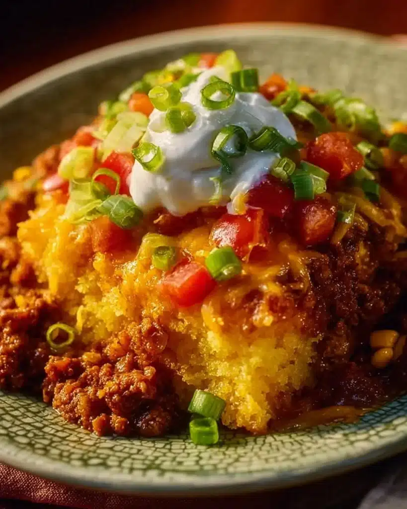 Delicious Texas Tamale Pie topped with cheese and served in a rustic dish.