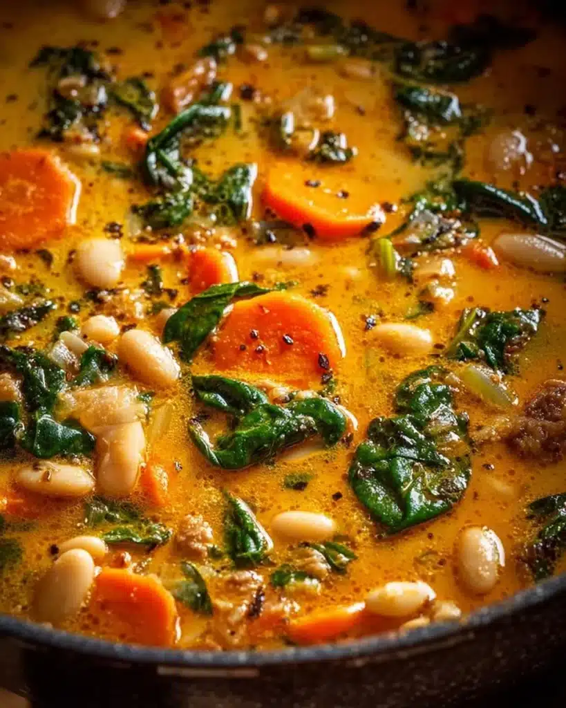Bowl of delicious Tuscan White Bean Soup garnished with herbs