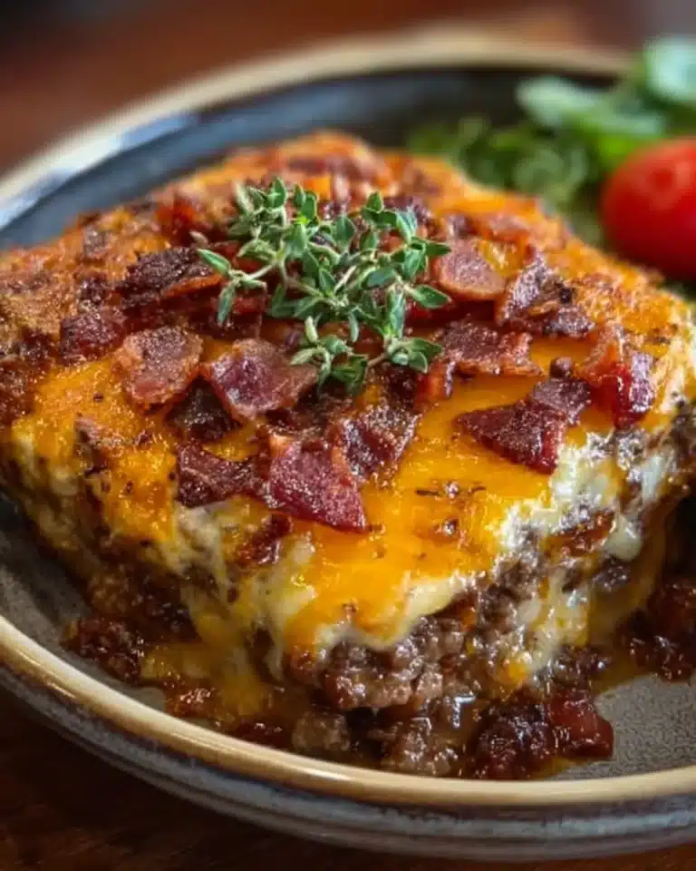 Bacon Cheeseburger Casserole topped with melted cheese and crispy bacon