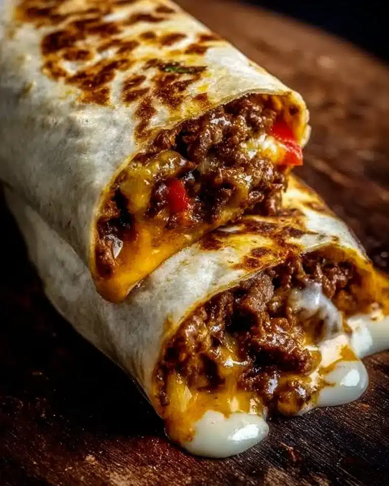 Delicious Beefy Melt Burrito with beef, cheese, and savory toppings.